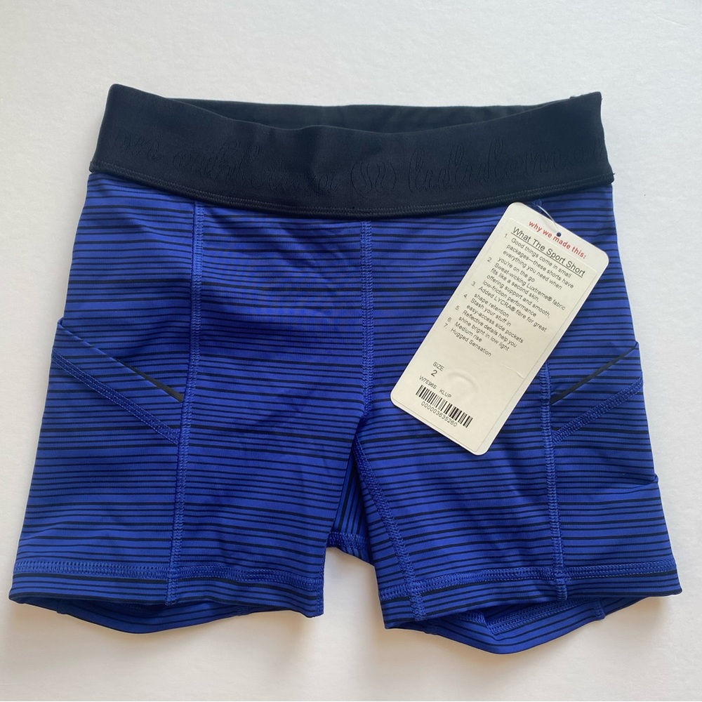 NWT Lululemon What The Sport Short, Size: 2, Color: Stripe Sapphire Blue Black